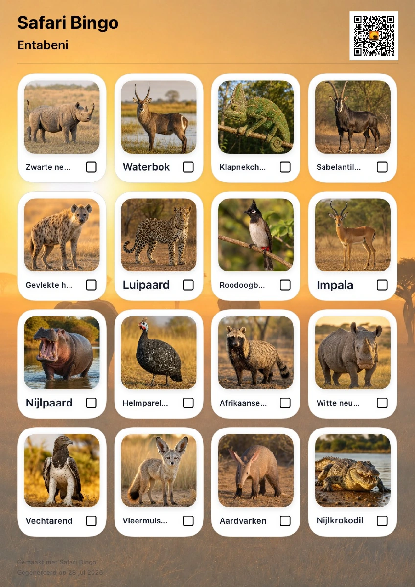 Example printable Safari Bingo card for Entabeni, with animal photographs and boxes to tick