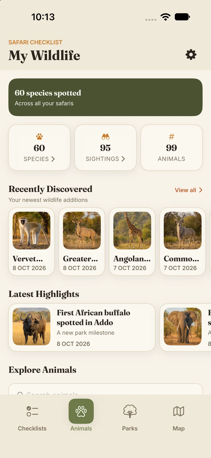 Your wildlife and safari history in Safari Checklist