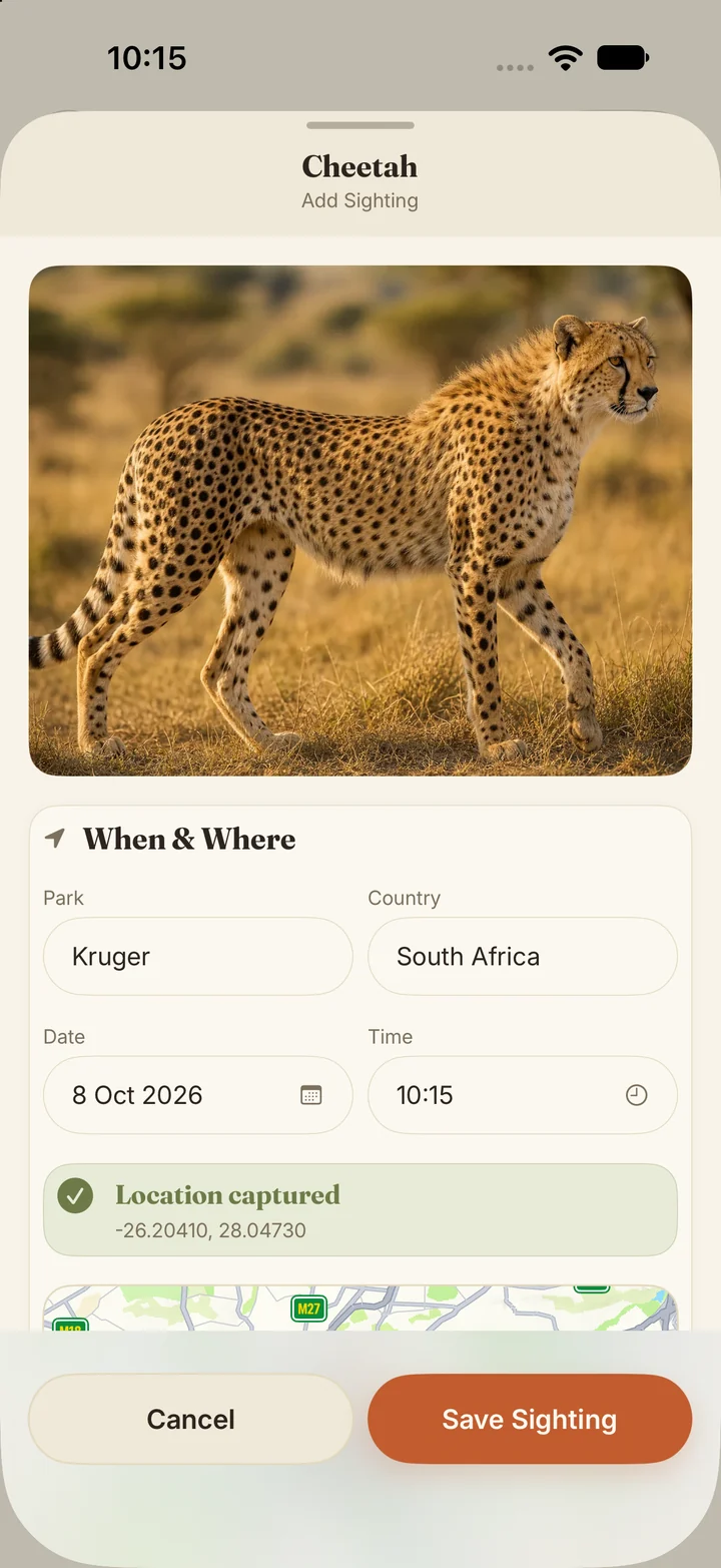 Recording a cheetah sighting in Kruger with details and location
